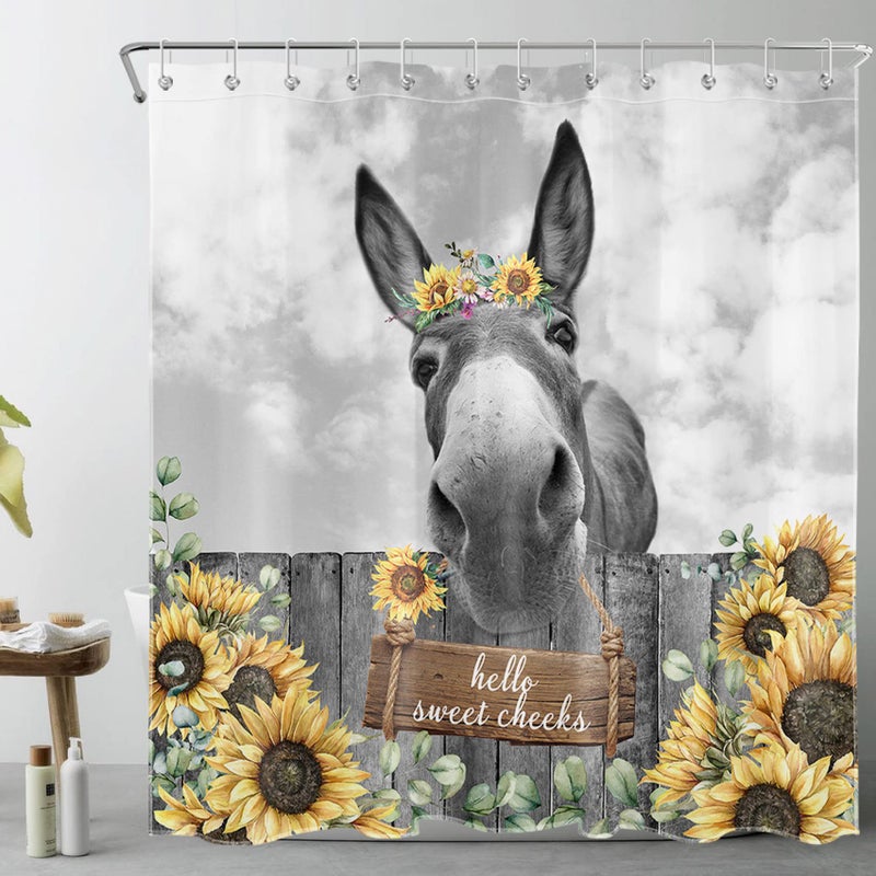 HVEST Funny Donkey Shower Curtain Farmhouse Western Animal Shower Curtain Set with Hooks Vintage Sunflower Yellow Floral Bath Curtain for Bathroom Decor Accessories 72X72 inches