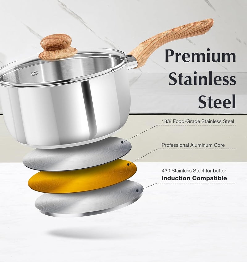 KOCH SYSTEME CS Stainless Steel Saucepan Set, 6 Piece Stainless Steel Pot 1QT & 2QT & 3QT with Heat-resistant Bakelite Handle, Tri-ply Base Pots, Sauce Pan Induction Ready, Pot Set 6PCS - Image 2