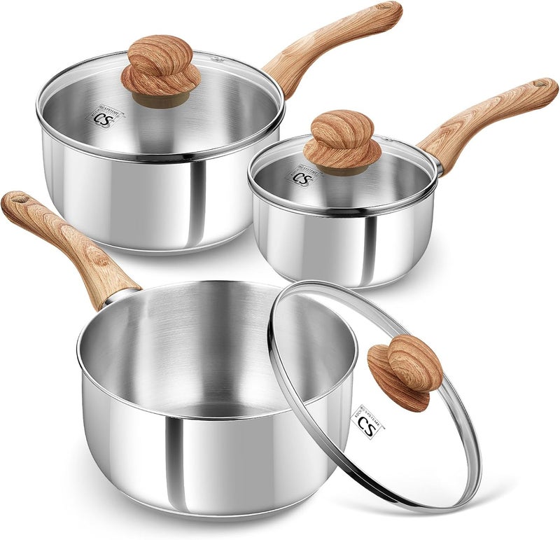 KOCH SYSTEME CS Stainless Steel Saucepan Set, 6 Piece Stainless Steel Pot 1QT & 2QT & 3QT with Heat-resistant Bakelite Handle, Tri-ply Base Pots, Sauce Pan Induction Ready, Pot Set 6PCS - Image 1
