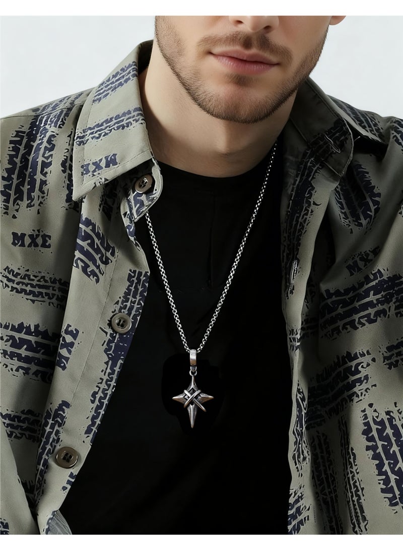 HomeNoor Men's Vintage North Star Pendant Necklace, Retro Wrapped Four Point Star Black Cubic Zircon Stainless Steel Box Chain Jewelry, Lucky Protective Amulet Gift for Guys Boyfriend - Image 1