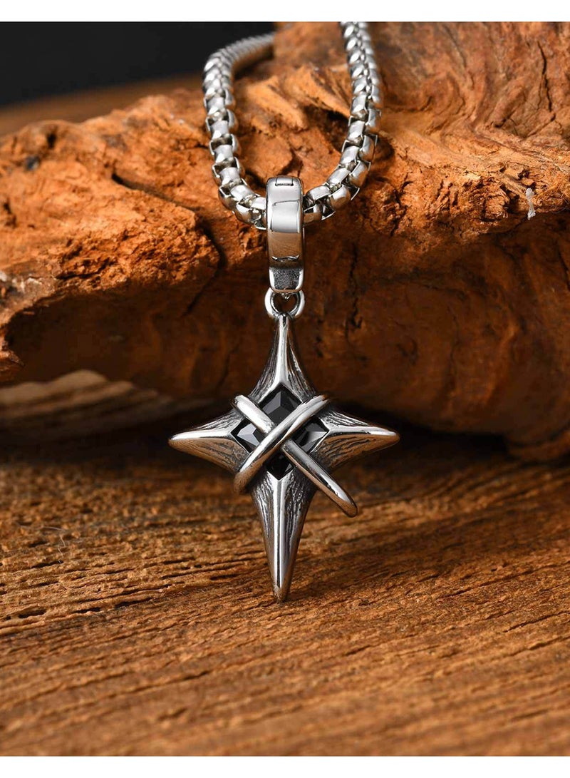 HomeNoor Men's Vintage North Star Pendant Necklace, Retro Wrapped Four Point Star Black Cubic Zircon Stainless Steel Box Chain Jewelry, Lucky Protective Amulet Gift for Guys Boyfriend - Image 4