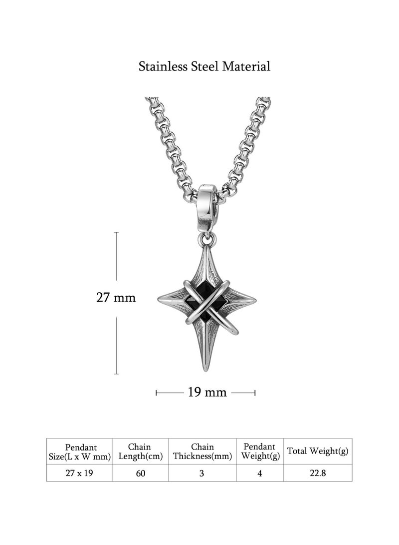 HomeNoor Men's Vintage North Star Pendant Necklace, Retro Wrapped Four Point Star Black Cubic Zircon Stainless Steel Box Chain Jewelry, Lucky Protective Amulet Gift for Guys Boyfriend - Image 2