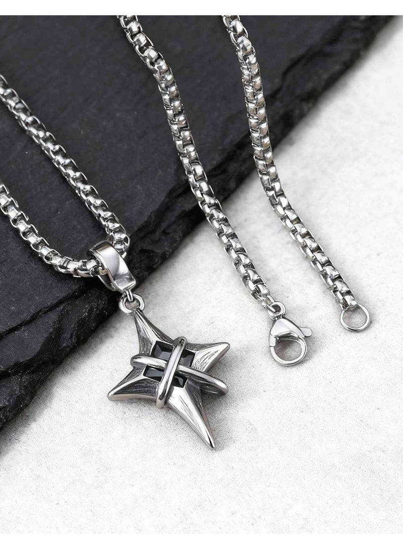 HomeNoor Men's Vintage North Star Pendant Necklace, Retro Wrapped Four Point Star Black Cubic Zircon Stainless Steel Box Chain Jewelry, Lucky Protective Amulet Gift for Guys Boyfriend - Image 3