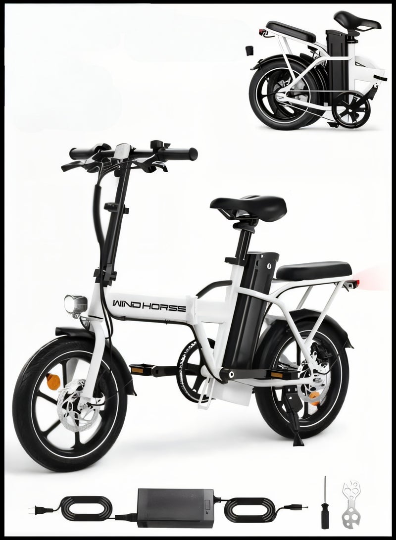ويندهورس دراجة كهربائية قابلة للطي بمحرك عالي السرعة 350 واط، بطارية 36 فولت 8 أمبير/ساعة، سرعة 40 كم/ساعة، مدى 35 كم، فرامل قرصية مزدوجة، إطار من سبائك الكربون وإطارات 16 بوصة، دراجة كهربائية محمولة بمقعد مزدوج - Image 1