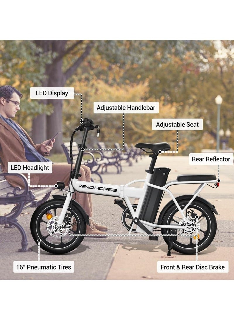 ويندهورس دراجة كهربائية قابلة للطي بمحرك عالي السرعة 350 واط، بطارية 36 فولت 8 أمبير/ساعة، سرعة 40 كم/ساعة، مدى 35 كم، فرامل قرصية مزدوجة، إطار من سبائك الكربون وإطارات 16 بوصة، دراجة كهربائية محمولة بمقعد مزدوج - Image 4