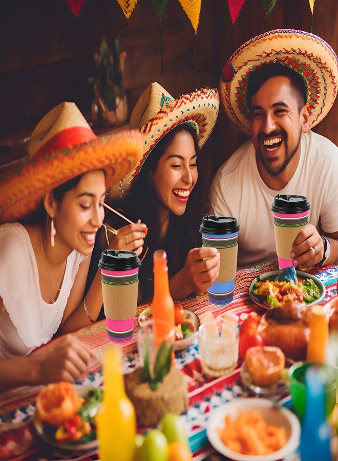 JarThenaAMCS 100 Set Mexican Fiesta Disposable Coffee Cups with Lids Kraft Sleeves Colorful Stripe Paper Drinking Cups for Cinco De Mayo Party Supplies - Image 4