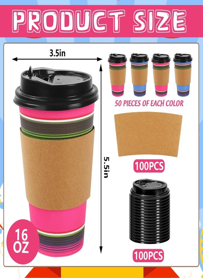 JarThenaAMCS 100 Set Mexican Fiesta Disposable Coffee Cups with Lids Kraft Sleeves Colorful Stripe Paper Drinking Cups for Cinco De Mayo Party Supplies - Image 2