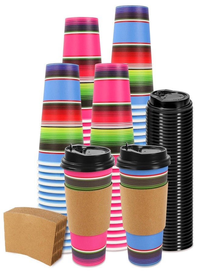 JarThenaAMCS 100 Set Mexican Fiesta Disposable Coffee Cups with Lids Kraft Sleeves Colorful Stripe Paper Drinking Cups for Cinco De Mayo Party Supplies - Image 1