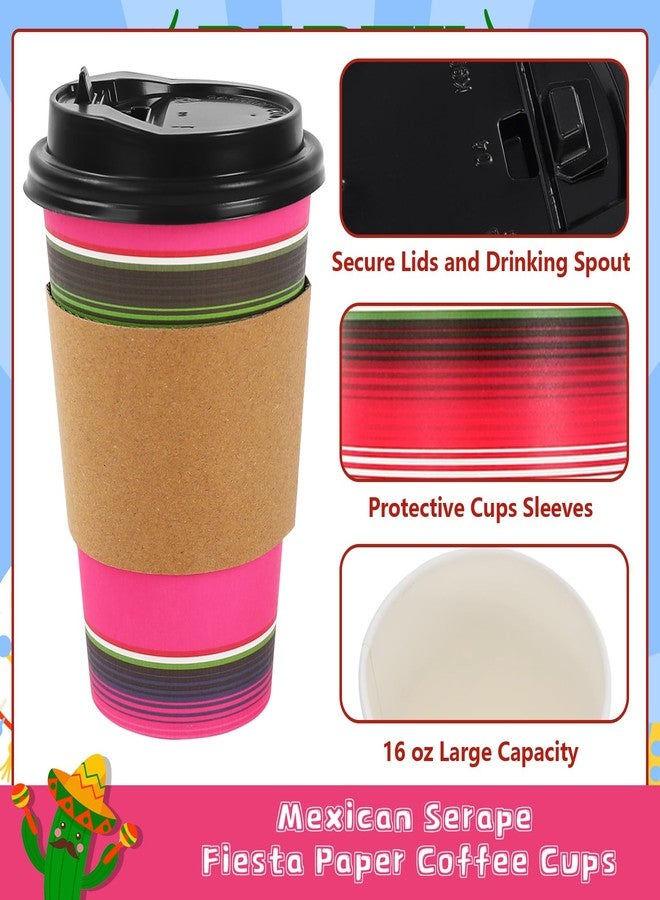 JarThenaAMCS 100 Set Mexican Fiesta Disposable Coffee Cups with Lids Kraft Sleeves Colorful Stripe Paper Drinking Cups for Cinco De Mayo Party Supplies - Image 3