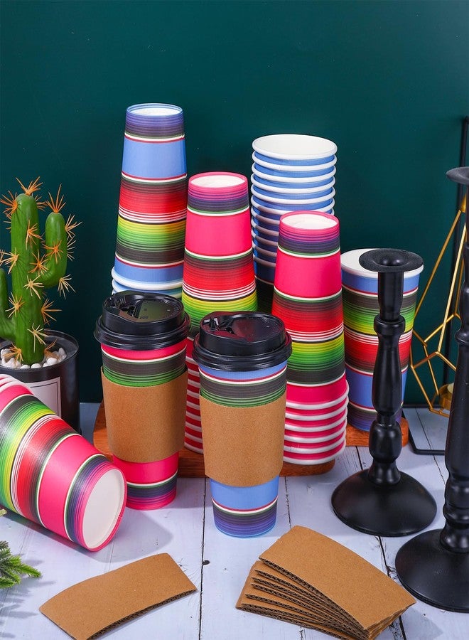 JarThenaAMCS 100 Set Mexican Fiesta Disposable Coffee Cups with Lids Kraft Sleeves Colorful Stripe Paper Drinking Cups for Cinco De Mayo Party Supplies - Image 5