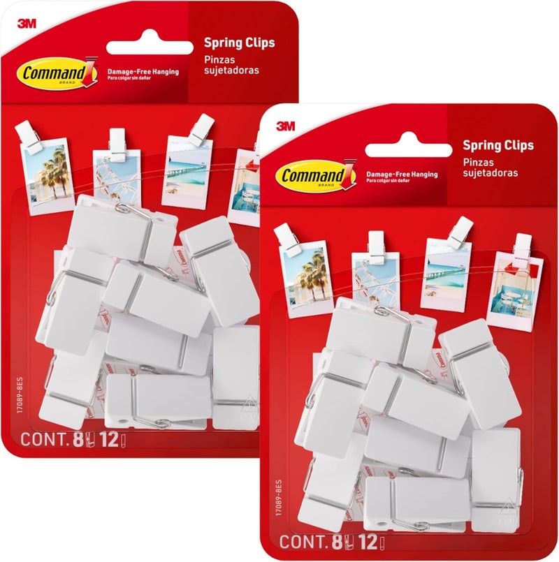 Command Spring Clips 2-Pack (16 Clips + 24 Adhesive Strips), White – Damage-Free Hanging of Photos, Notes, Lightweight Decorations, and Office Organization – No Tools Required - Image 1