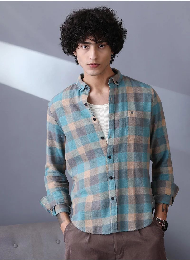 Campus Sutra Campus Sutra Men's Sky Blue & Ecru Beige Block-Buffalo Regular Shirt For Casual Wear | Spread Collar | Long Cuffed Sleeves | Button Closure | Shirt Crafted With Comfort Fit For Everyday Wear