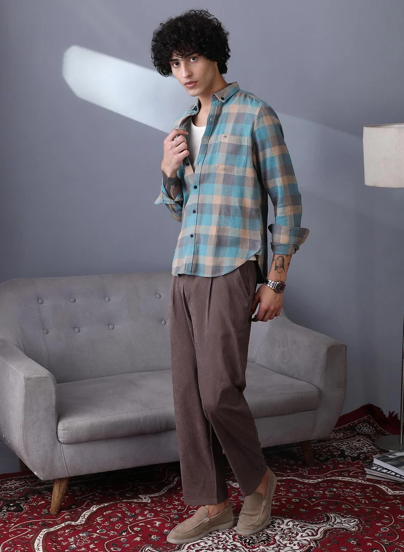 Campus Sutra Campus Sutra Men's Sky Blue & Ecru Beige Block-Buffalo Regular Shirt For Casual Wear | Spread Collar | Long Cuffed Sleeves | Button Closure | Shirt Crafted With Comfort Fit For Everyday Wear