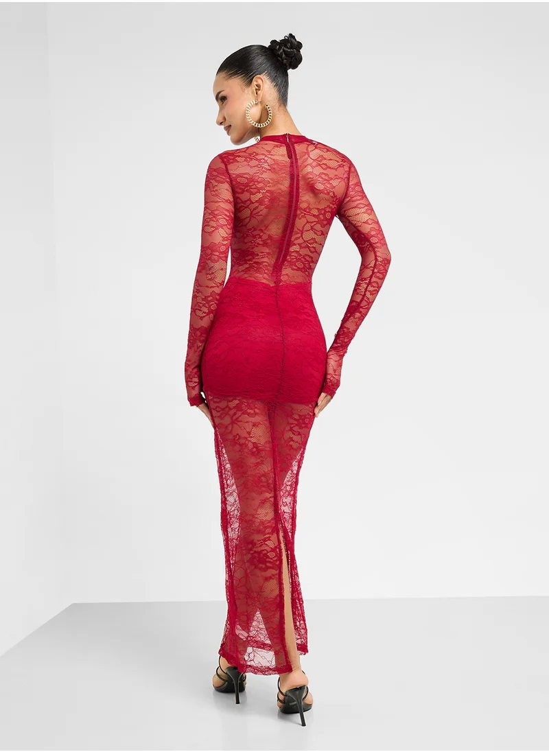 جينجر Lace Cutout Detail Drop Waist Dress