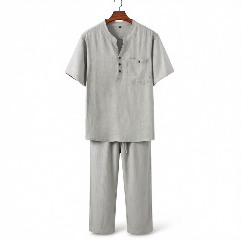 Linen Set Men Chinese Style Summer Loose Thin Casual Cotton Linen Middle-Aged Father Short Sleeve T-Shirt Plus Size - Image 1