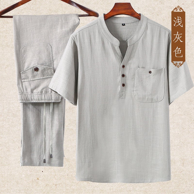 Linen Set Men Chinese Style Summer Loose Thin Casual Cotton Linen Middle-Aged Father Short Sleeve T-Shirt Plus Size - Image 3