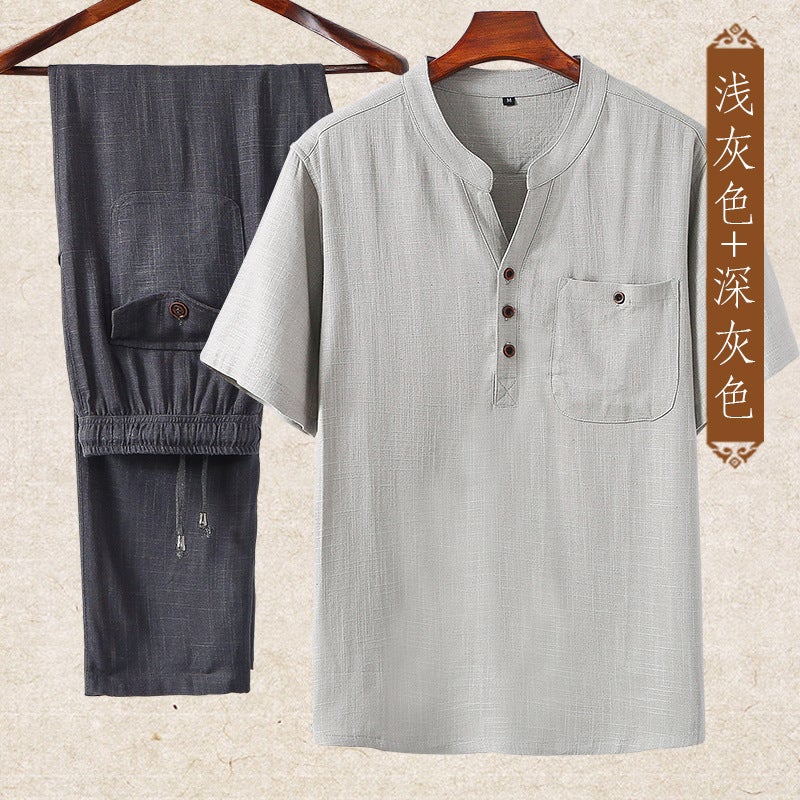 Linen Set Men Chinese Style Summer Loose Thin Casual Cotton Linen Middle-Aged Father Short Sleeve T-Shirt Plus Size - Image 2