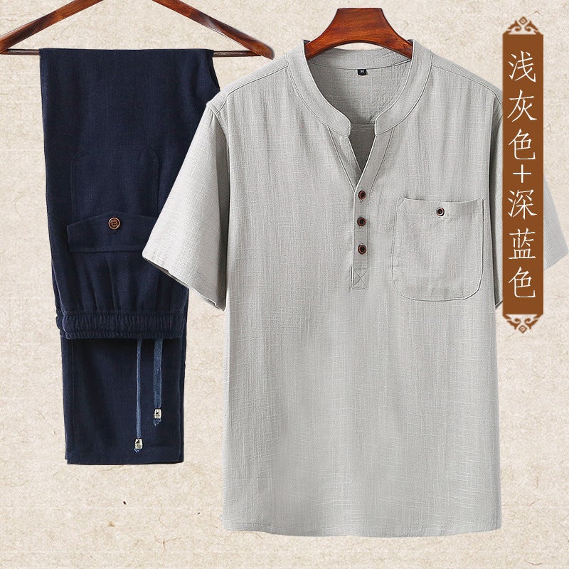 Linen Set Men Chinese Style Summer Loose Thin Casual Cotton Linen Middle-Aged Father Short Sleeve T-Shirt Plus Size - Image 4