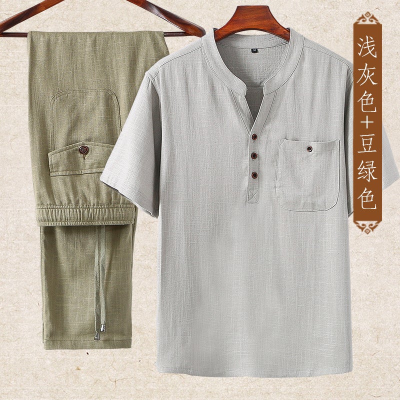 Linen Set Men Chinese Style Summer Loose Thin Casual Cotton Linen Middle-Aged Father Short Sleeve T-Shirt Plus Size - Image 5