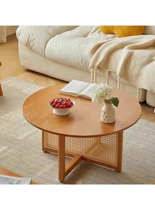 fashionhome Multipurpose Mid Century Design Solid Wood Rattan Coffee Table Round Centre Table for Living Room Home Office 80x40 cm  - Image 5