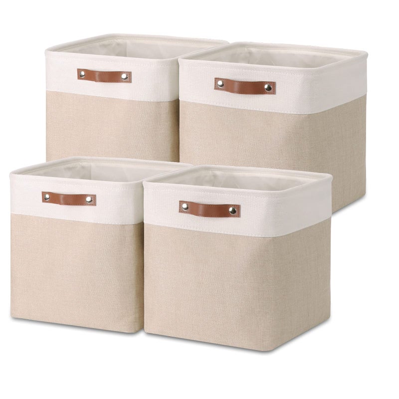 Temary Cube Storage Bins 13x13 Fabric Storage Cubes Baskets Set Of 4 Cloth Baskets for Shelf Large Bin Empty Basket for Organizing Shelf Basket WhiteKhaki