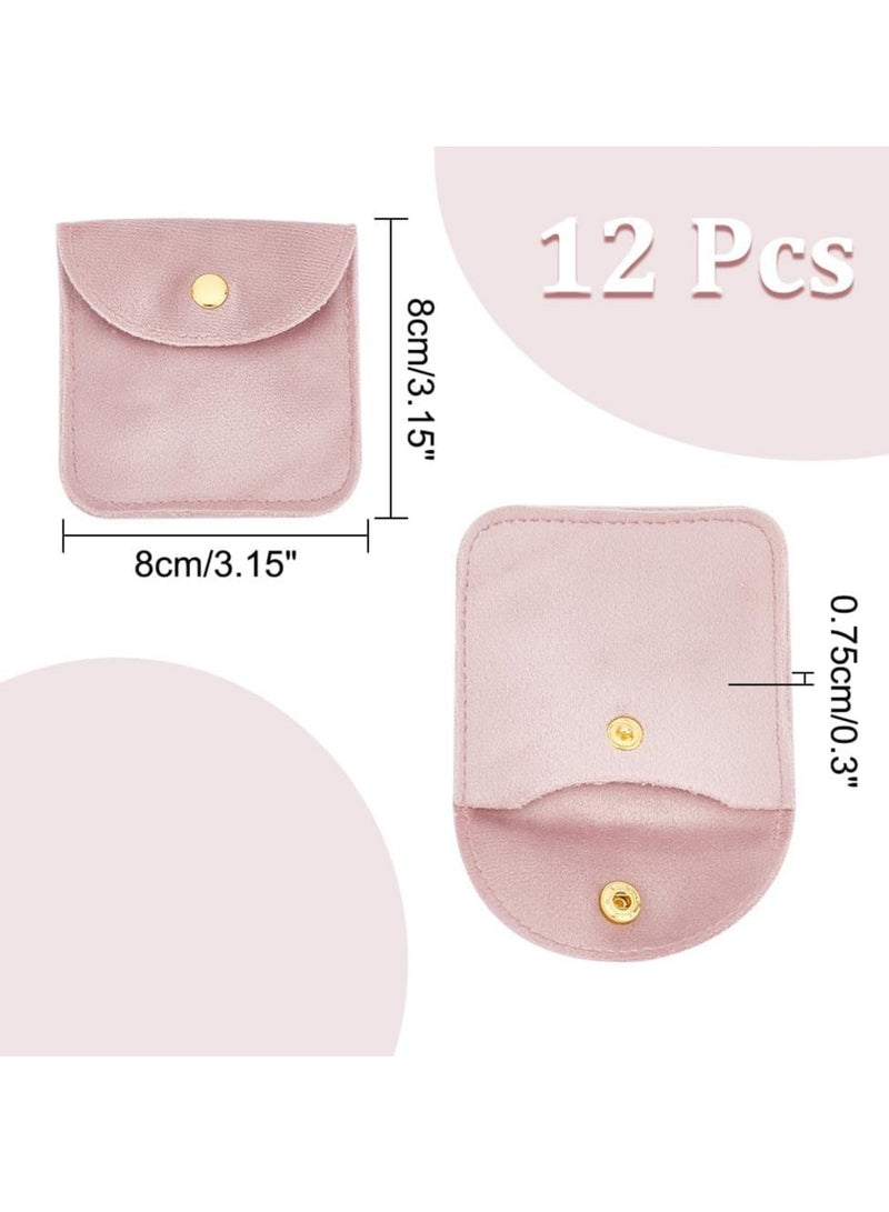 12 Pcs Pink Velvet Jewelry Pouches, 3.15x3.15x0.3", with Snap Button, Storage of Rings, Bracelets