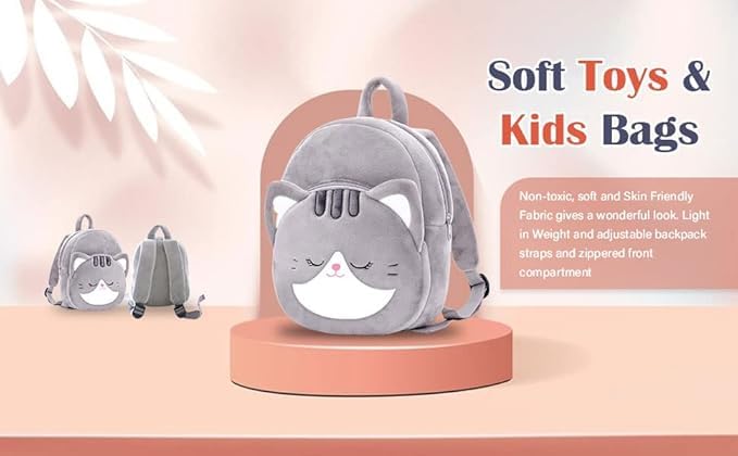 Frantic Kids Soft Animal Cartoon Travelling School Bag Soft Plush Backpacks Boys Girls Baby for 2 to 5 Years Baby/Boys/Girls Nursery(Grey_Cat) - Image 4