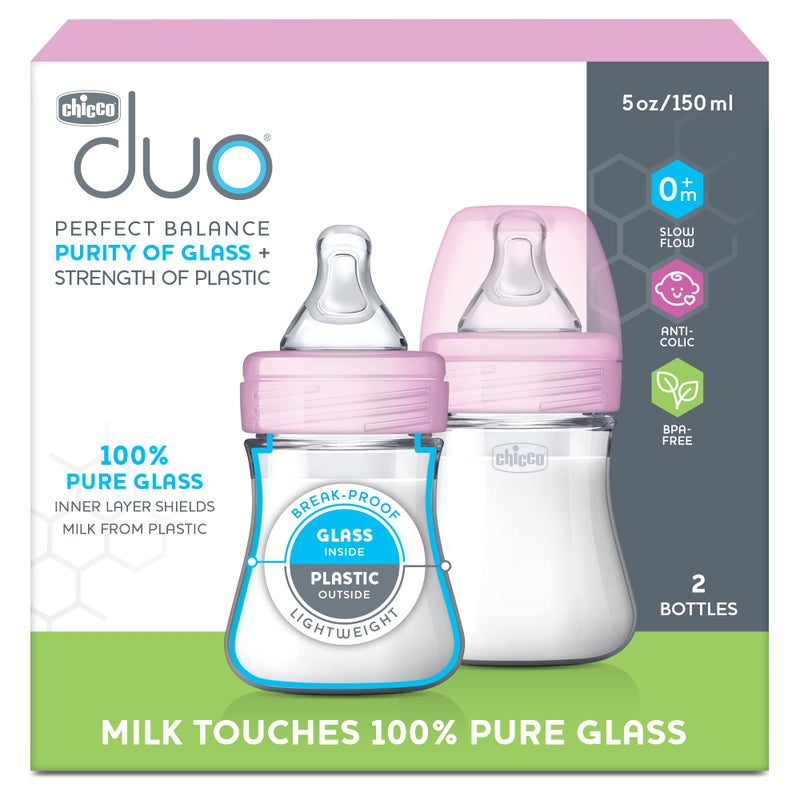 Chicco Duo 5oz. Hybrid Baby Bottle with Invinci-Glass Inside and Plastic Outside | Dishwasher, Bottle Warmer, and Electric Sterilizer Safe | Intui-Latch Nipple | Clear/Pink, 2pk - Image 2