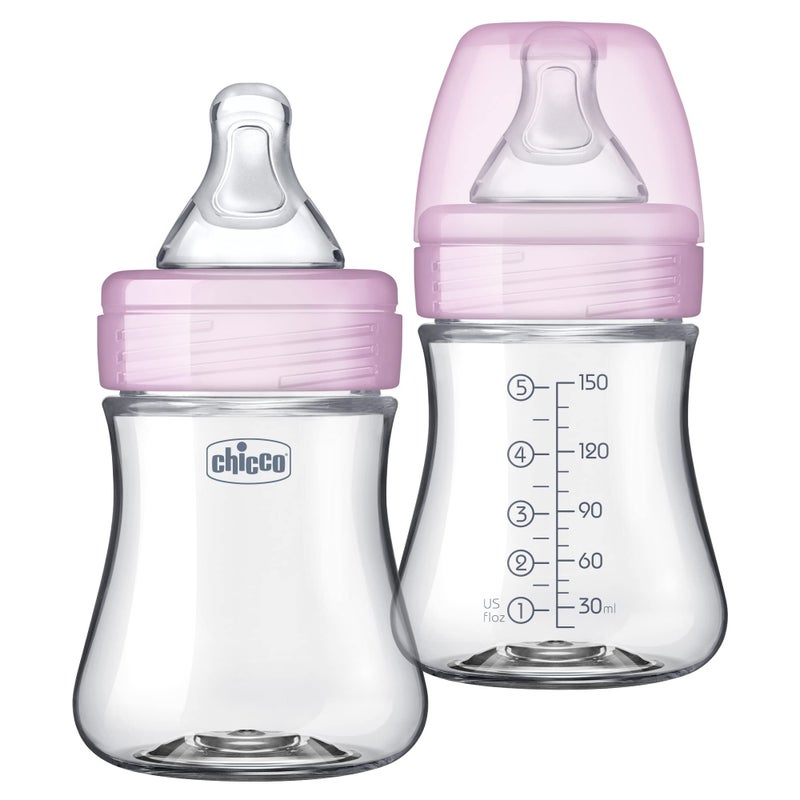 Chicco Duo 5oz. Hybrid Baby Bottle with Invinci-Glass Inside and Plastic Outside | Dishwasher, Bottle Warmer, and Electric Sterilizer Safe | Intui-Latch Nipple | Clear/Pink, 2pk - Image 1