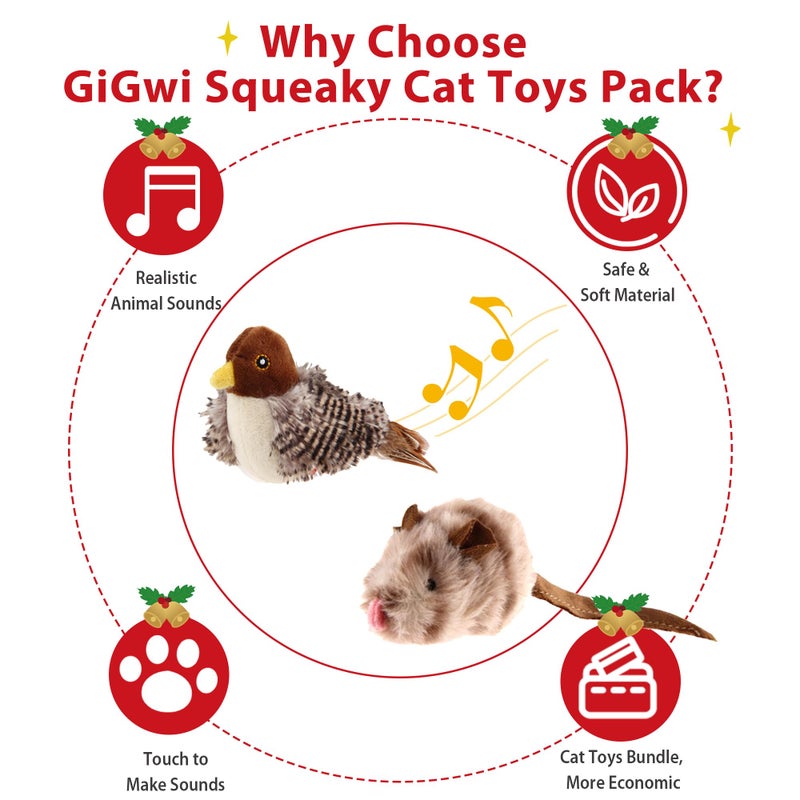 Gigwi Automatic Cat Toys Pack, Interactive Electronic Squeaky Animals Bird and Mouse, Plush Toys for Cats to Play Alone, 2 Pcs - Image 3