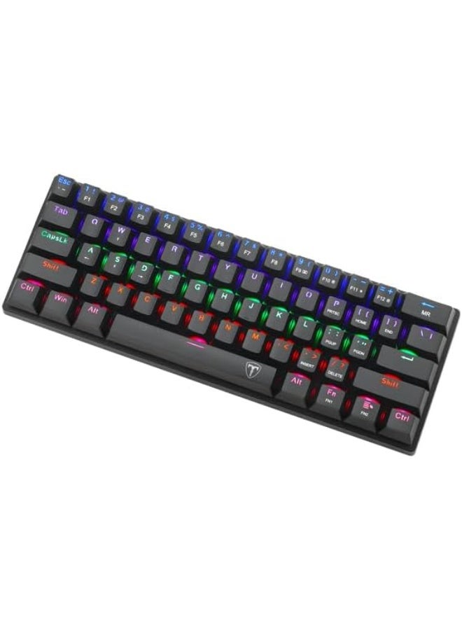 تي-داجر لوحة مفاتيح الألعاب الميكانيكية Arena TGK321 بنسبة 60%، 61 مفتاحًا بمفاتيح زرقاء وإضاءة خلفية RGB بألوان قوس قزح، لوحة مفاتيح سلكية صغيرة الحجم بمنفذ USB من النوع C، أغطية مفاتيح مزدوجة الطبقة، تصميم مفاتيح عائمة، متانة تصل إلى 50 مليون ضغطة، لون أسود - Image 5