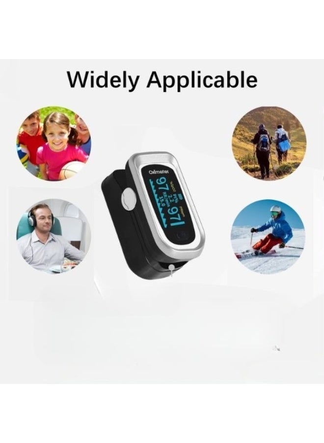 Generic Fingertip Pulse Oximeter with Respiration & SpO2 Pulse Rate Monitoring, OLED Display, Includes Batteries, Carry Bag & Lanyard (Black Silver) - Image 1