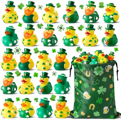 ANGGIKO 24 Pcs St Patricks Day Rubber Ducks with a St Patrick Bag Green Rubber Lucky Ducks for St Patricks Day Party Favors Fun St Patricks Toys Gifts Bulk for Kids Classroom Kids Ducks Bath Toys - Image 1