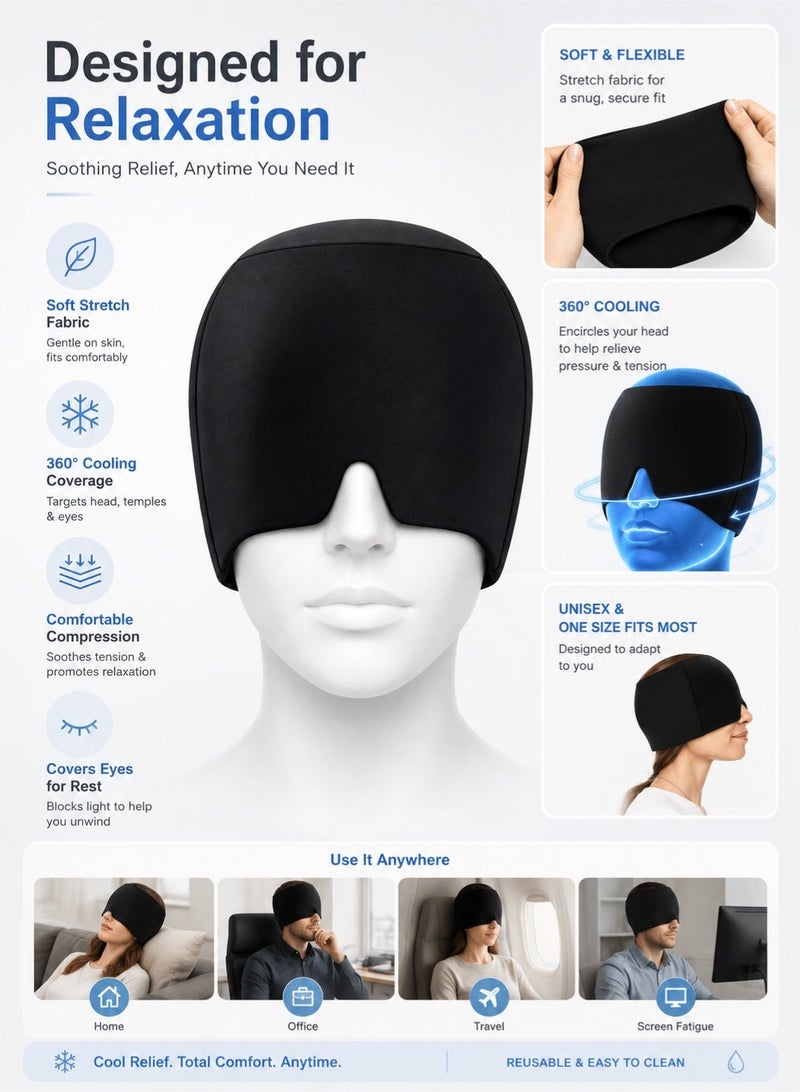 Leoxol Migraine Relief Cap | Cooling Headache Relief Hat | Reusable Gel Ice Head Wrap | Stretchable Cold Therapy Eye Mask For Migraine Tension Stress - Image 3