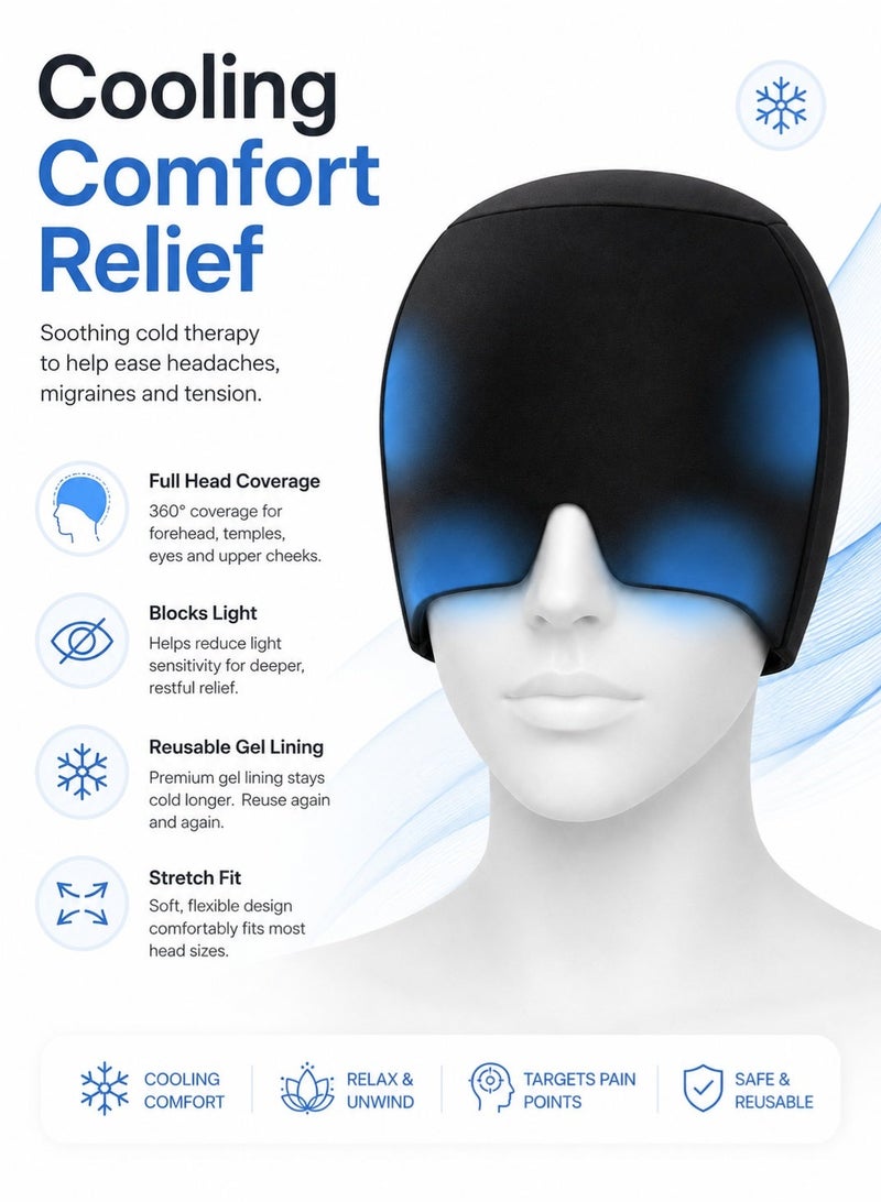 Leoxol Migraine Relief Cap | Cooling Headache Relief Hat | Reusable Gel Ice Head Wrap | Stretchable Cold Therapy Eye Mask For Migraine Tension Stress - Image 2
