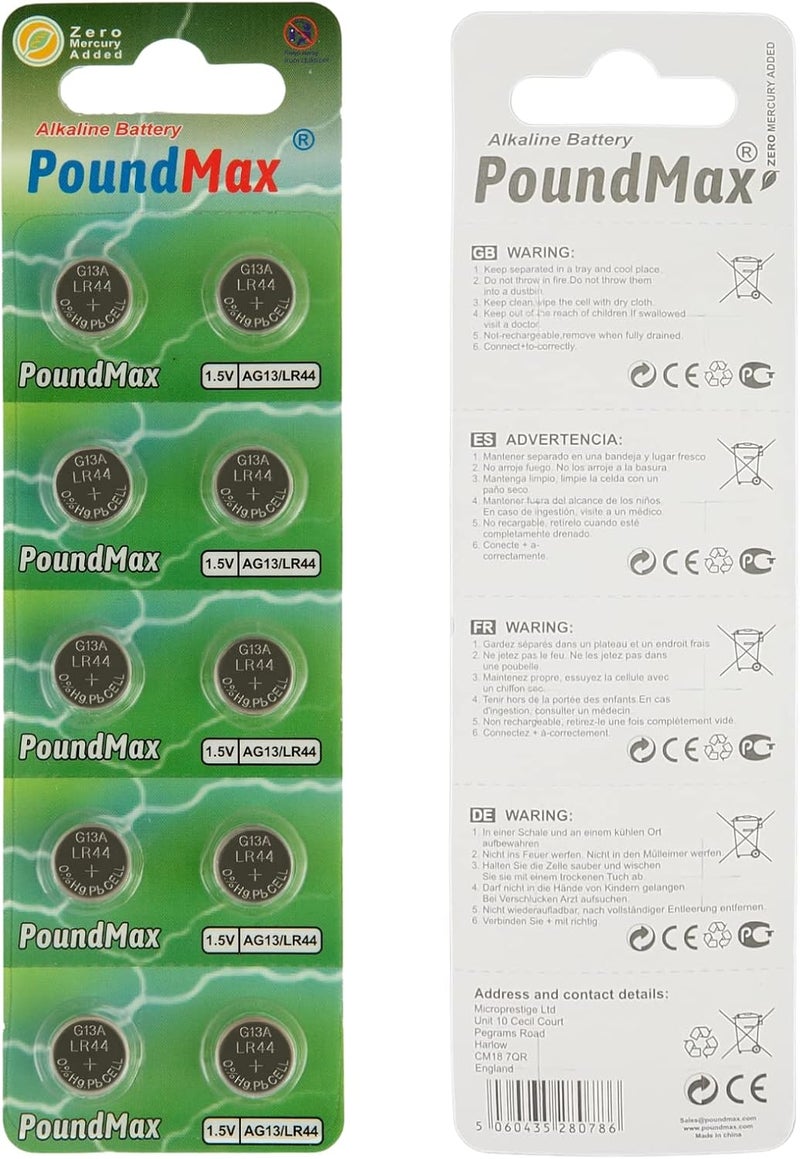 PoundMax 10 x AG13 LR44 1.5V Alkaline Button Cell Battery - Image 1