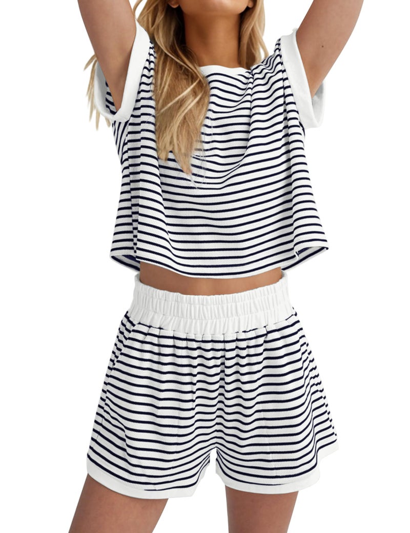 MISSACTIVER 2 Piece Lounge Set Women Stripe Knit Short Sleeve Tee Shirts Shorts Casual Summer Loungewear Shorts Sets - Image 1