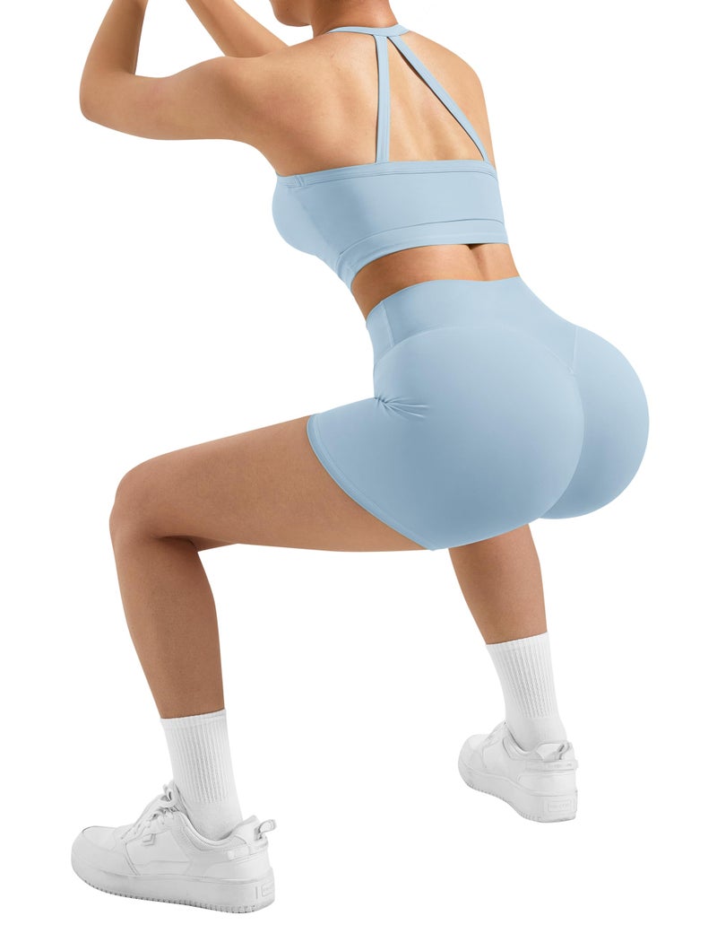 SUUKSESS Women 2 Piece Workout Sets High Waisted Tummy Control Biker Shorts Halter Padded Tank Tops Racerback Sports Bras (Baby Blue, M) - Image 3