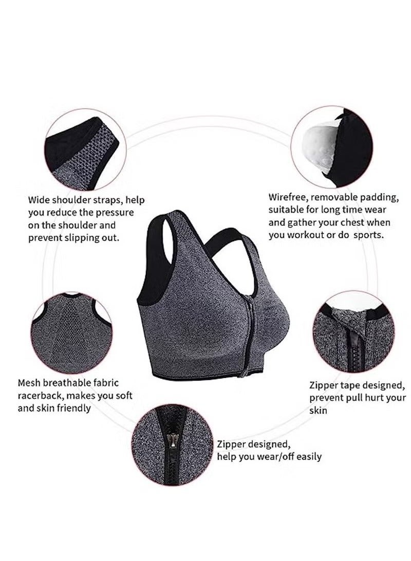 Women's Zip Front Closure Sports Bra - Seamless Wirefree Post Surgery Zipper Padded Racerback Workout Gym Yoga Bras(XXXL)  - Image 2