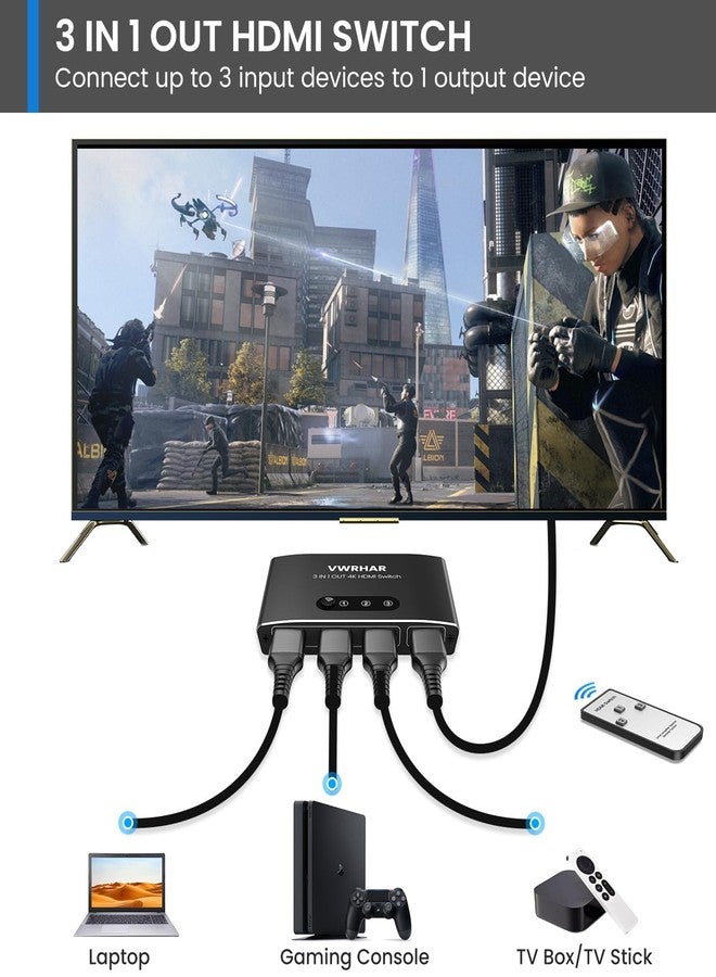 VWRHar HDMI 3x1 Switch with Remote - Aluminum 4K 3D HDMI Splitter for PS5/Xbox/TV, Works with Laptop/PC/DVD/Blu-Ray - Image 2