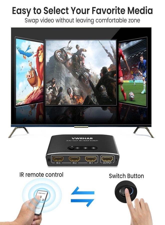 VWRHar HDMI 3x1 Switch with Remote - Aluminum 4K 3D HDMI Splitter for PS5/Xbox/TV, Works with Laptop/PC/DVD/Blu-Ray - Image 3
