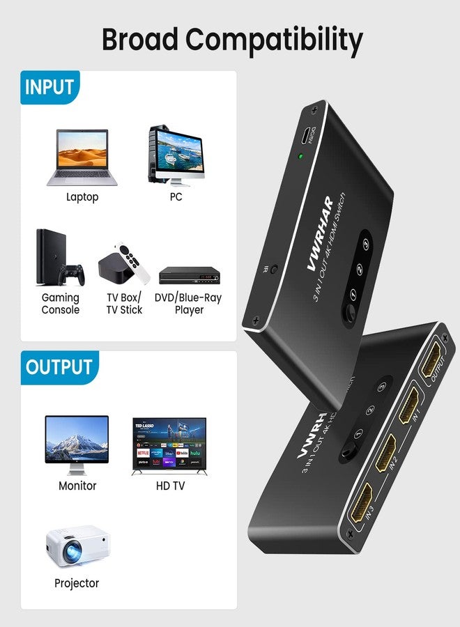 VWRHar HDMI 3x1 Switch with Remote - Aluminum 4K 3D HDMI Splitter for PS5/Xbox/TV, Works with Laptop/PC/DVD/Blu-Ray - Image 5