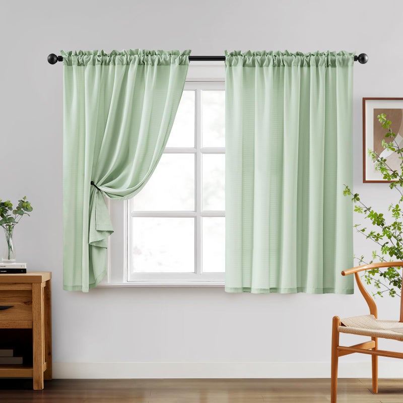 HOMEIDEAS HOMEIDEAS Non-See-Through Sage Green Privacy Sheer Curtains 52 X 45 Inches Long 2 Panels Set  Fish Bone Pattern Semi Sheer Curtains Light Filtering Window Curtains Drapes for Bedroom Living Room - Image 2