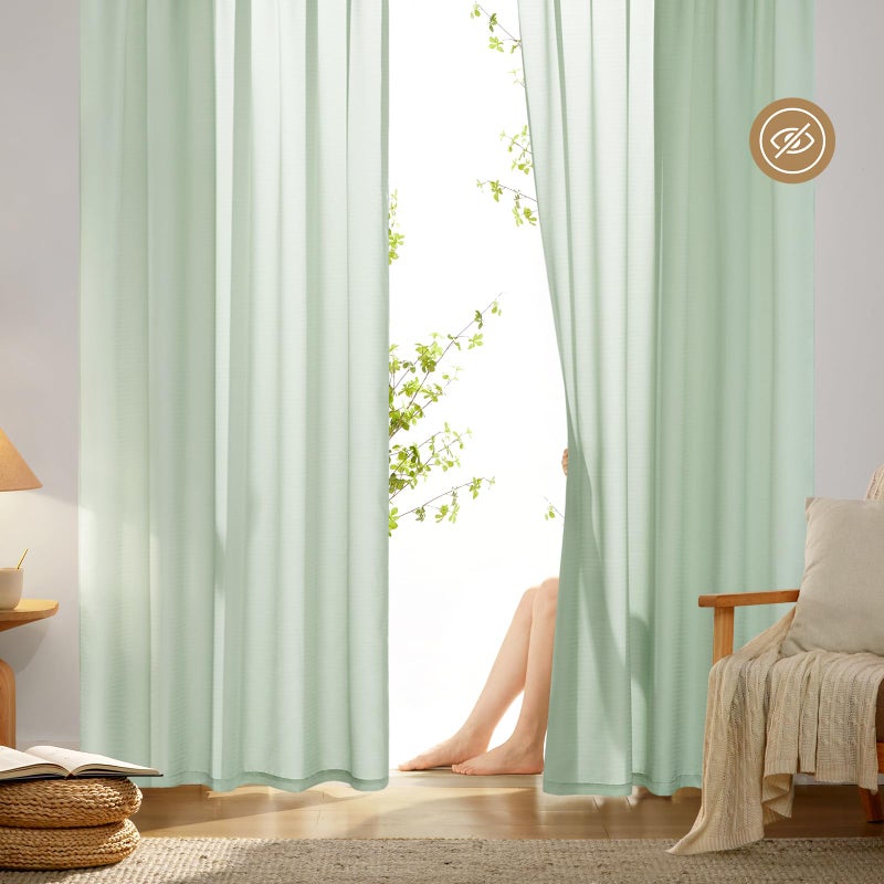 HOMEIDEAS HOMEIDEAS Non-See-Through Sage Green Privacy Sheer Curtains 52 X 45 Inches Long 2 Panels Set  Fish Bone Pattern Semi Sheer Curtains Light Filtering Window Curtains Drapes for Bedroom Living Room - Image 1