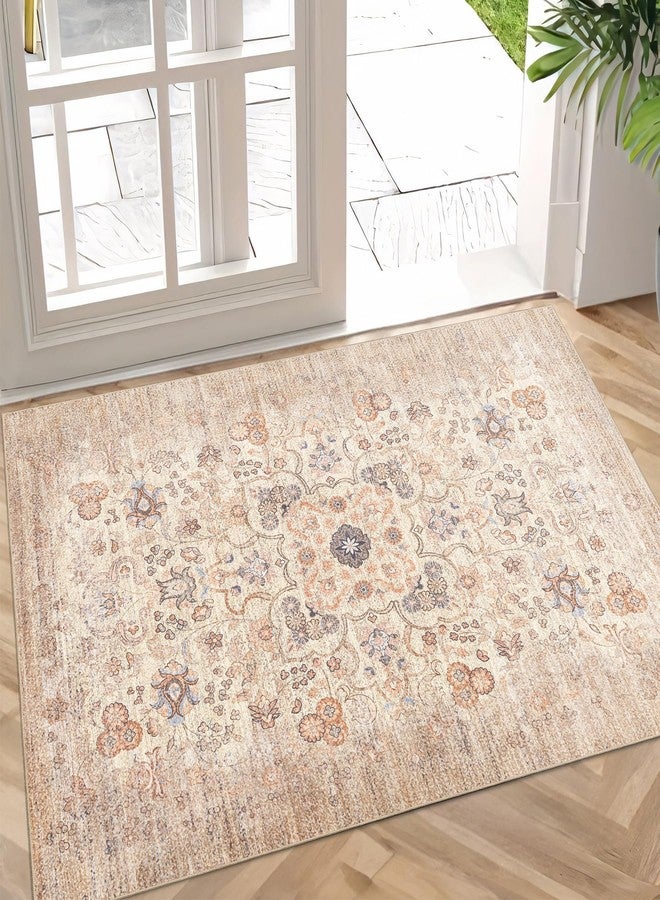 Castage Small Beige Rug for Entryway Bathroom Kitchen Entrance Doormat,Boho Vintage Bohemian Distressed Washable Oriental Farmhouse Accent Floor Throw Carpet Non Slip,2x3 - Image 1