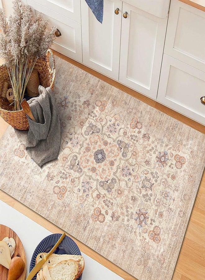 Castage Small Beige Rug for Entryway Bathroom Kitchen Entrance Doormat,Boho Vintage Bohemian Distressed Washable Oriental Farmhouse Accent Floor Throw Carpet Non Slip,2x3 - Image 2