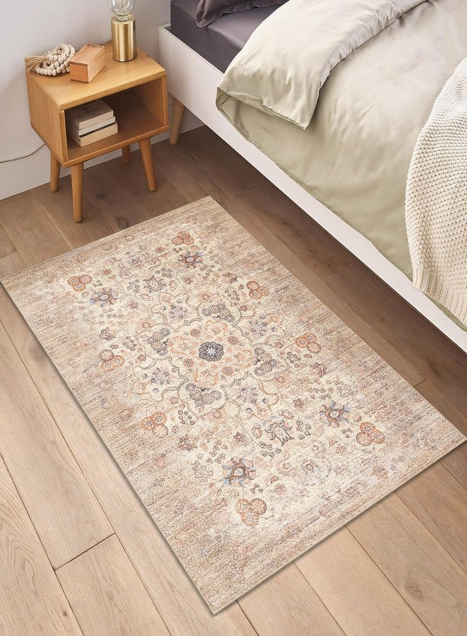 Castage Small Beige Rug for Entryway Bathroom Kitchen Entrance Doormat,Boho Vintage Bohemian Distressed Washable Oriental Farmhouse Accent Floor Throw Carpet Non Slip,2x3 - Image 3