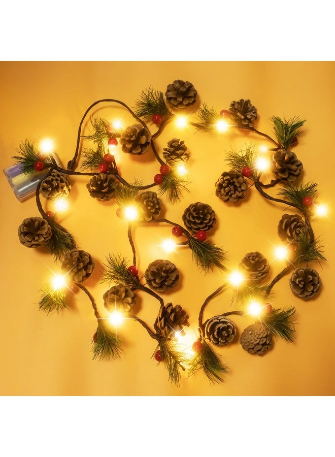 JUSTOTRY 2 PCS Christmas Garland with Lights and Bigger Pine Cones, Led String Lights, Red Berries, Needle, Pine Cone, Xmas Wreath, Christmas Lights for Indoor Decorations, Fireplace, 6.6 FT, 20 Led - Image 1