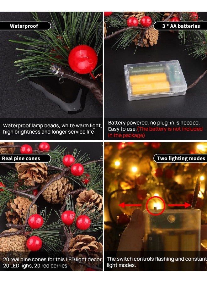 JUSTOTRY 2 PCS Christmas Garland with Lights and Bigger Pine Cones, Led String Lights, Red Berries, Needle, Pine Cone, Xmas Wreath, Christmas Lights for Indoor Decorations, Fireplace, 6.6 FT, 20 Led - Image 4