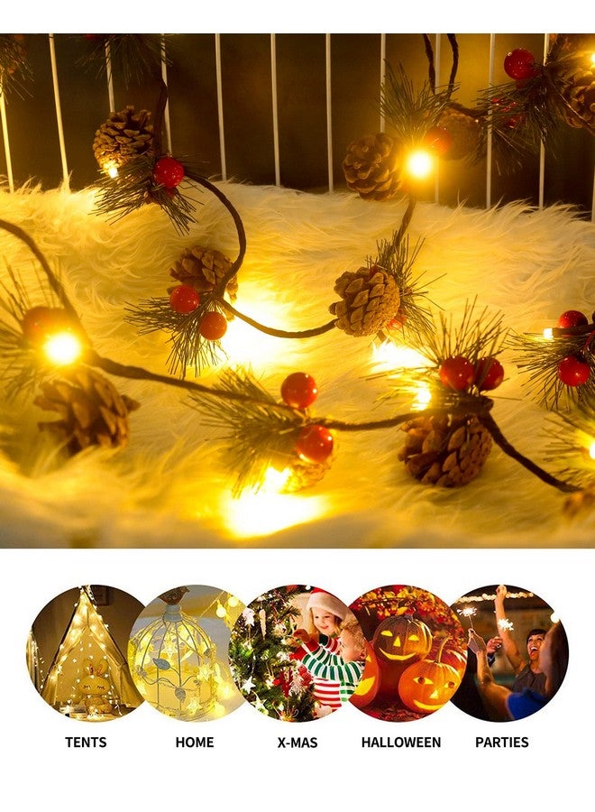 JUSTOTRY 2 PCS Christmas Garland with Lights and Bigger Pine Cones, Led String Lights, Red Berries, Needle, Pine Cone, Xmas Wreath, Christmas Lights for Indoor Decorations, Fireplace, 6.6 FT, 20 Led - Image 2